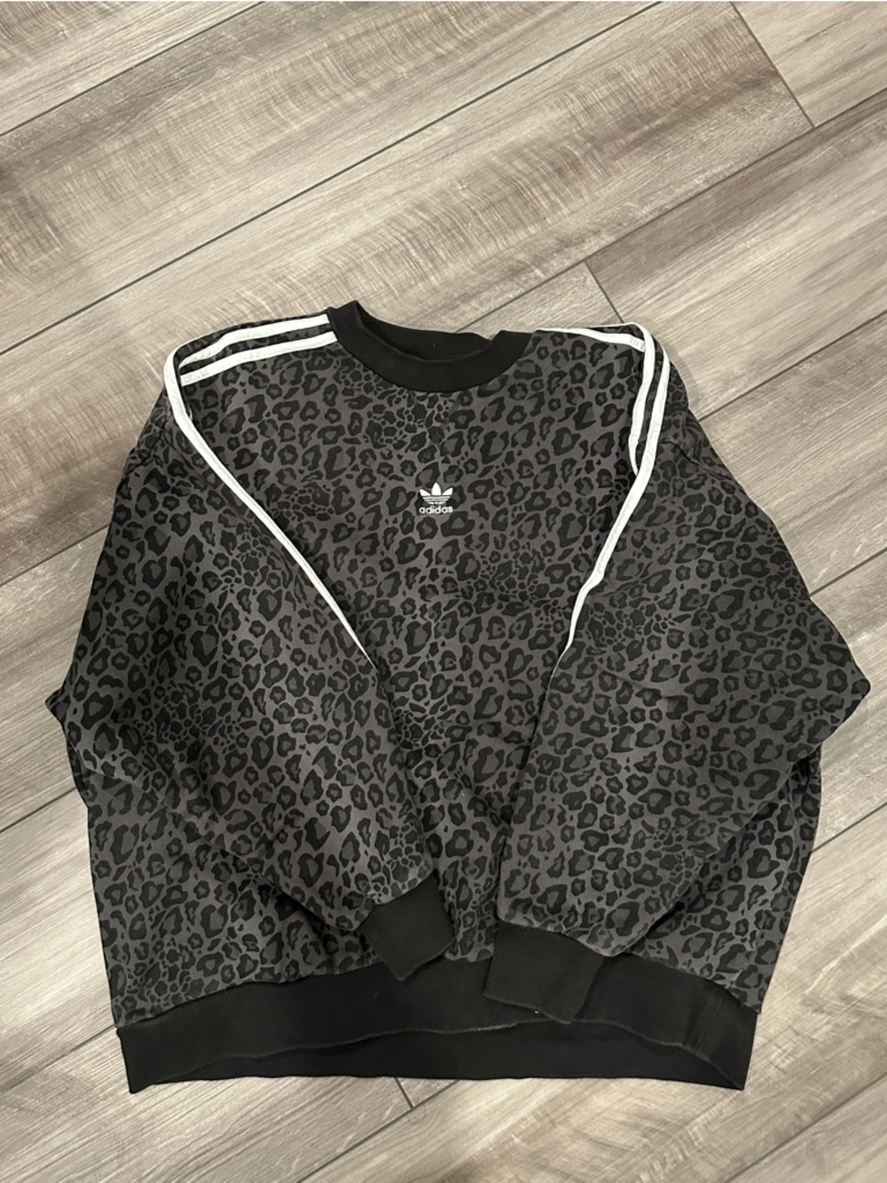 adidas Black and Gray Leopard Print Athletic Sweatshirt with White Trim
